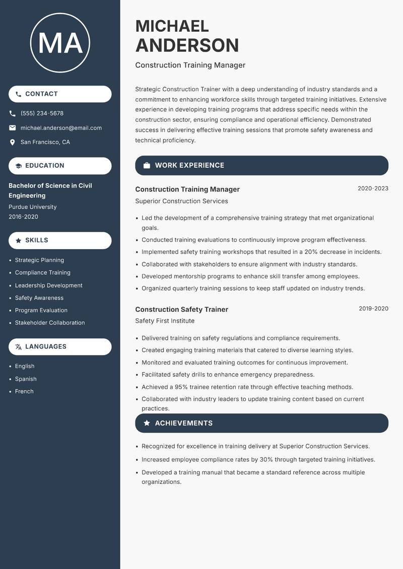 Construction Trainer resume template — Compact