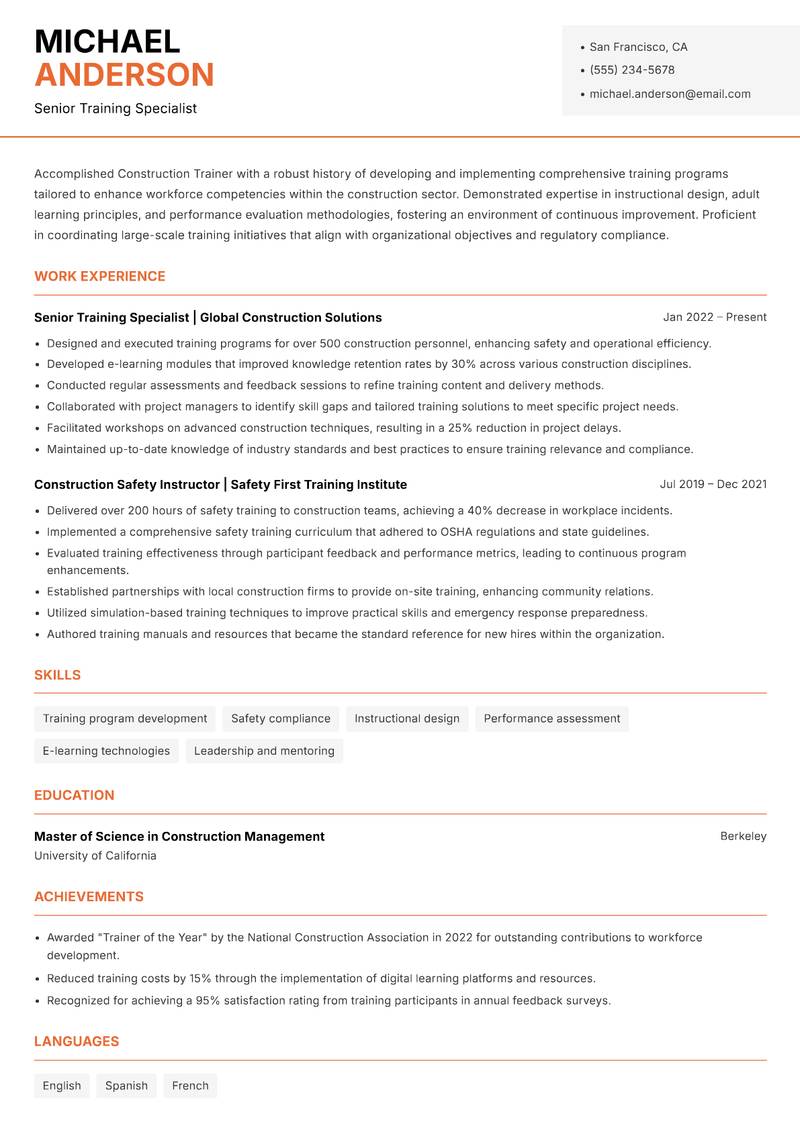 Construction Trainer resume template — Modern Professional