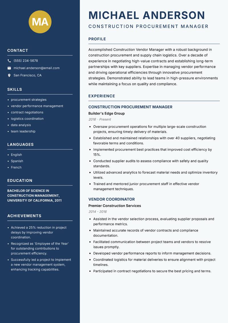 Construction Vendor Manager resume template — Classic Clean
