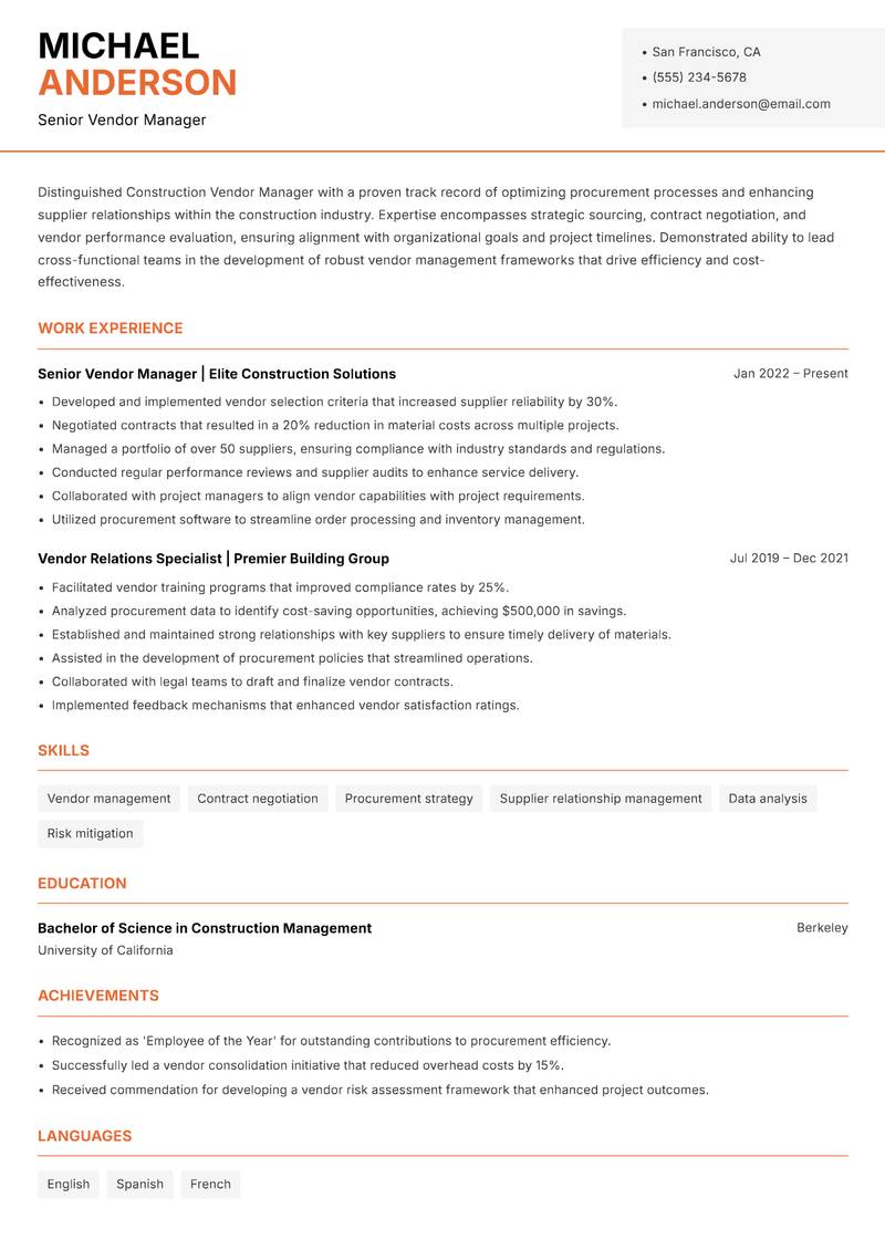Construction Vendor Manager resume template — Modern Professional
