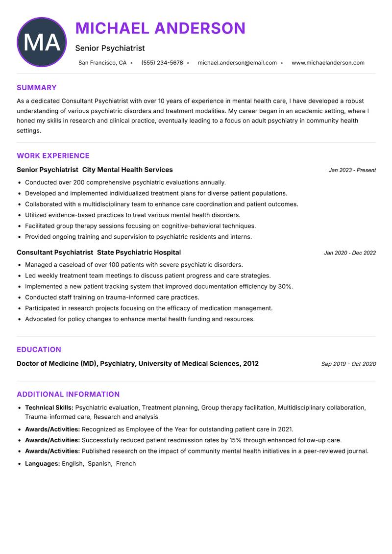 Consultant Psychiatrist resume example — ATS-friendly template