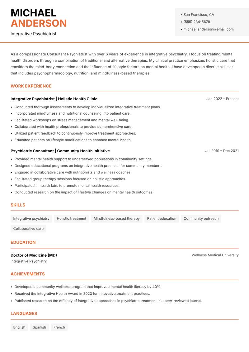 Consultant Psychiatrist resume template — Modern Professional