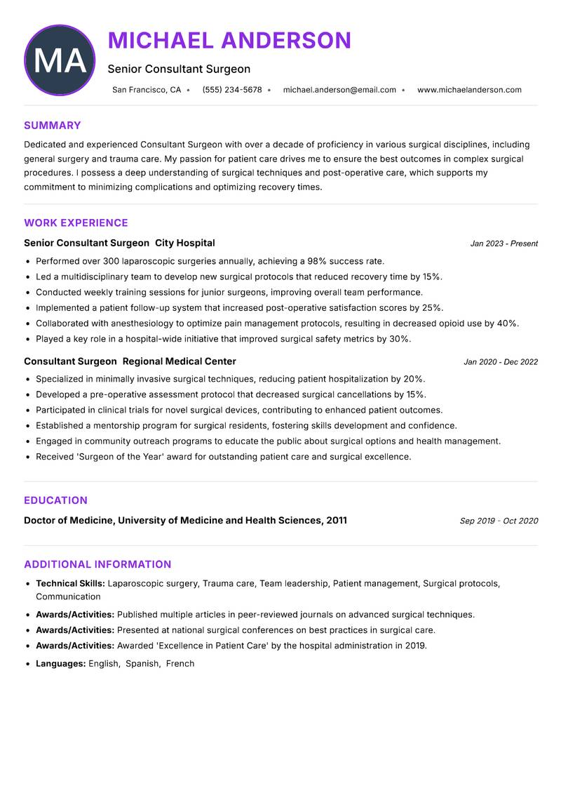 Consultant Surgeon resume example — ATS-friendly template