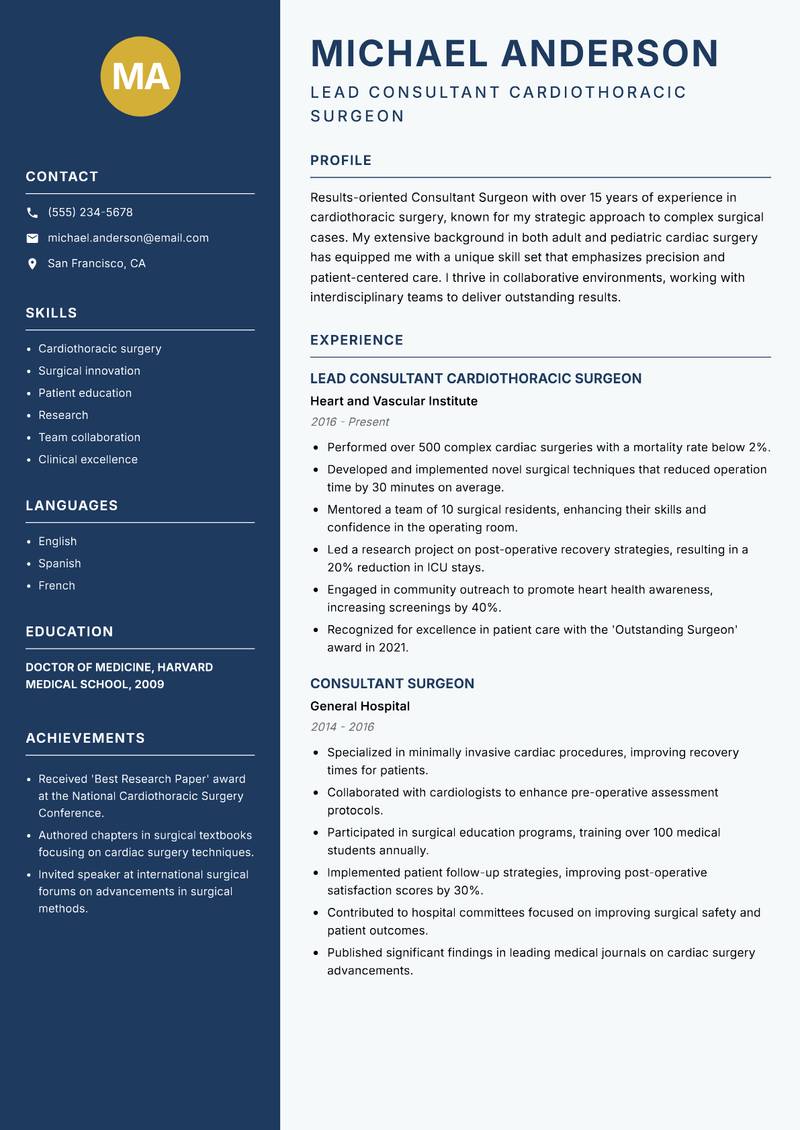 Consultant Surgeon resume template — Classic Clean