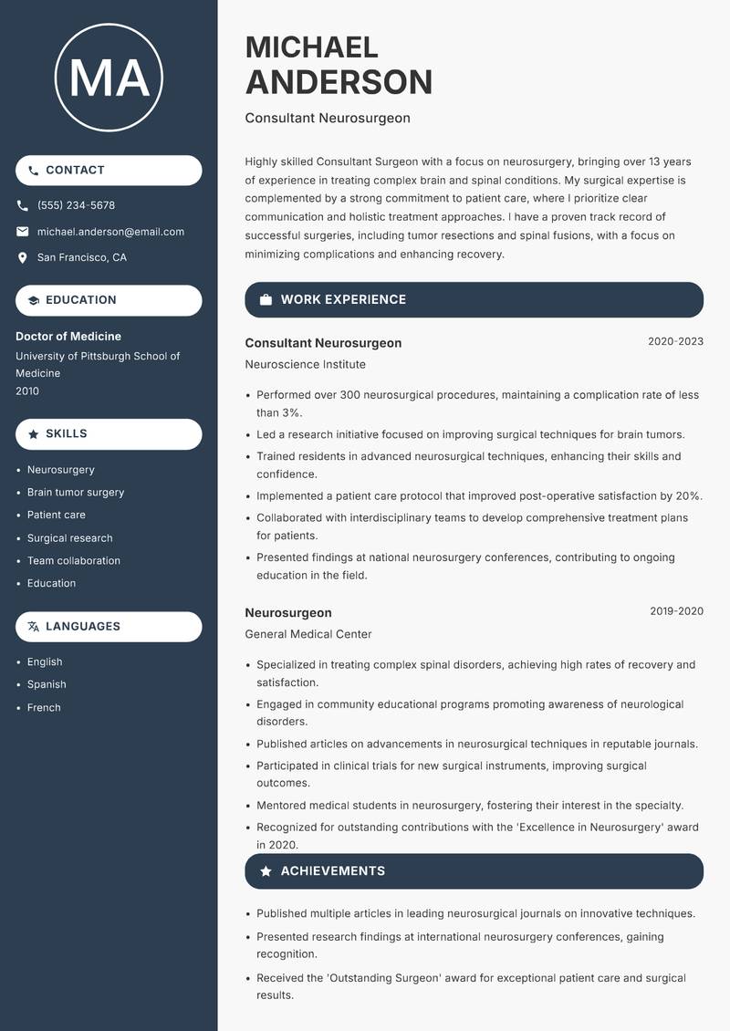 Consultant Surgeon resume template — Compact