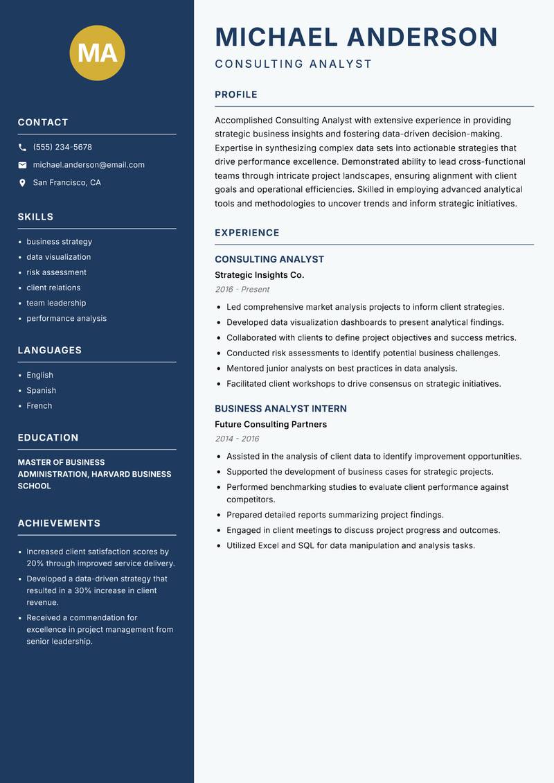 Consulting Analyst resume template — Classic Clean