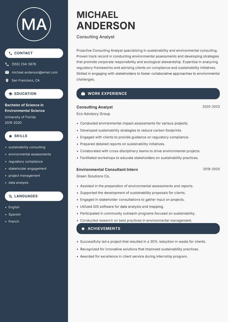 Consulting Analyst resume template — Compact