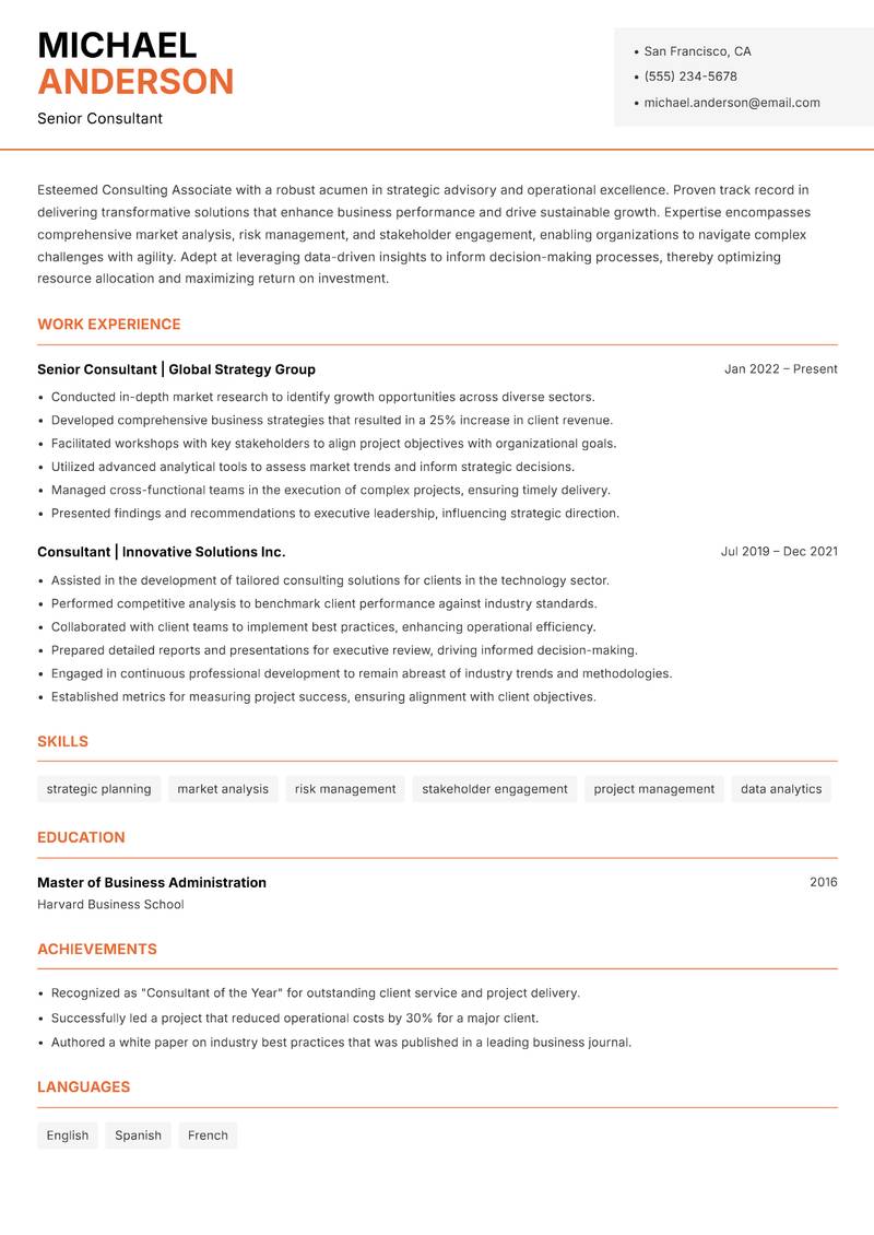 Consulting Associate resume template — Modern Professional