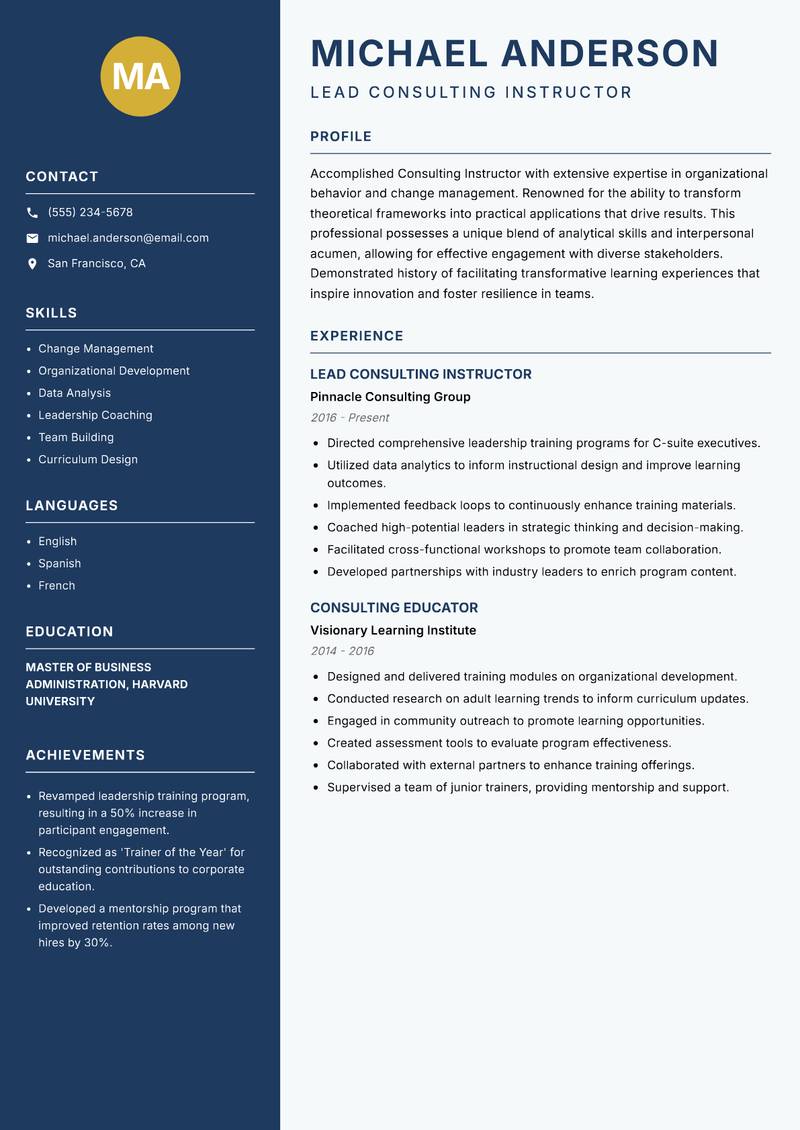 Consulting Instructor resume template — Classic Clean