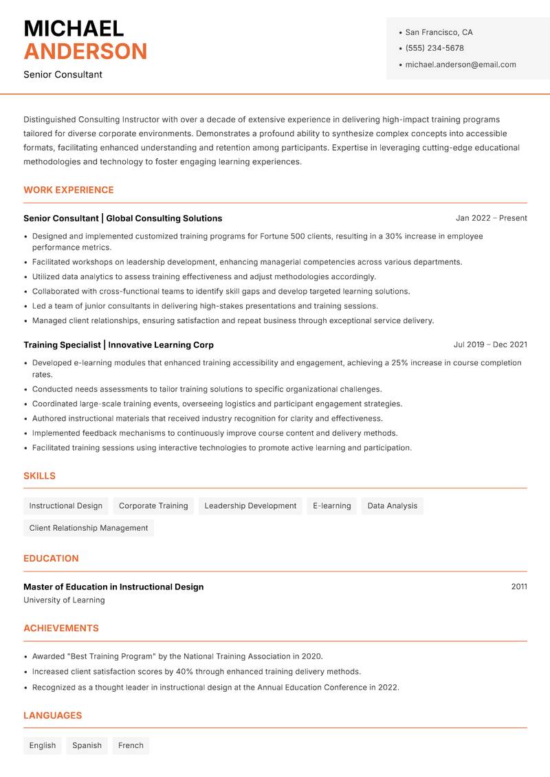 Consulting Instructor resume template — Modern Professional
