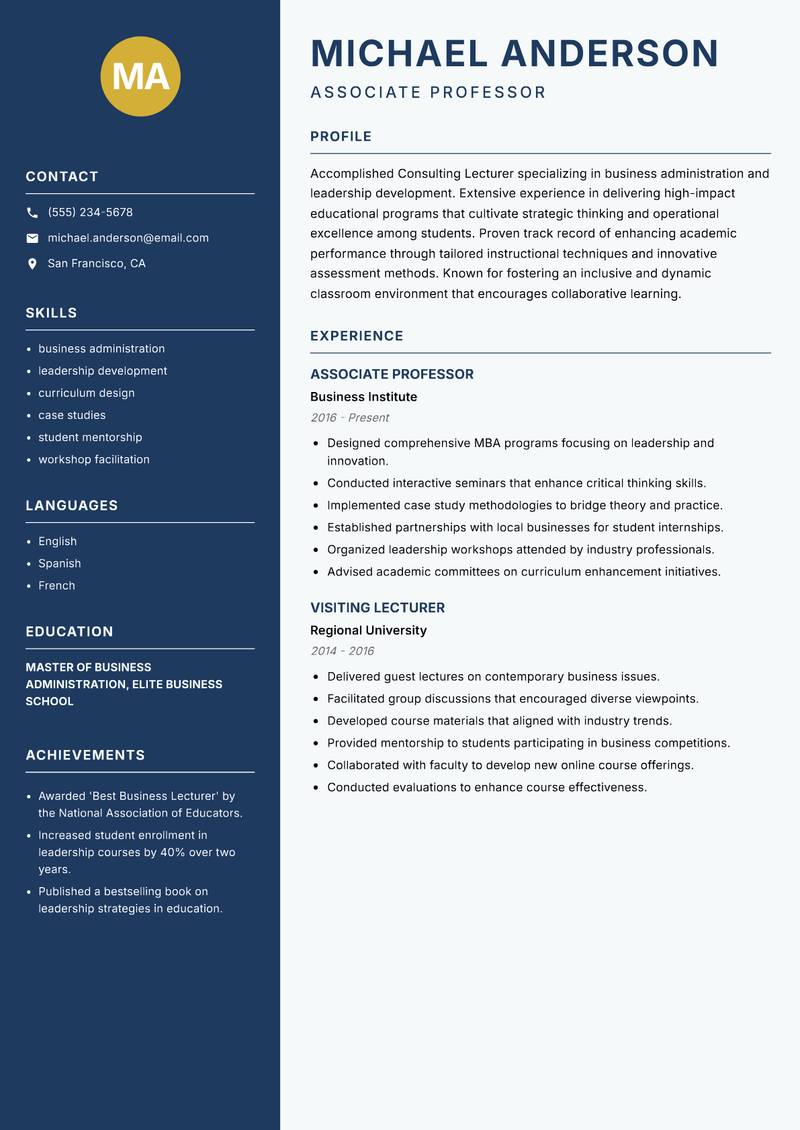 Consulting Lecturer resume template — Classic Clean