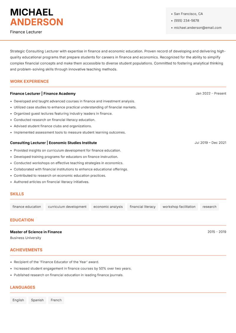 Consulting Lecturer resume template — Modern Professional