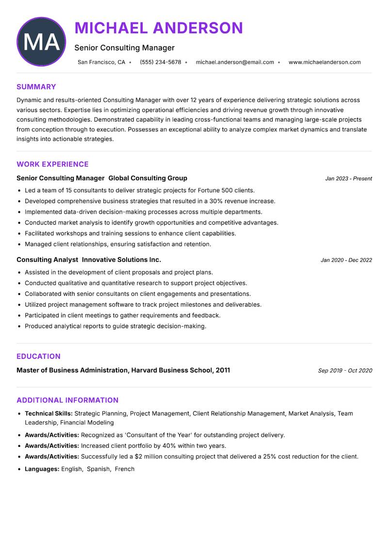Consulting Manager resume example — ATS-friendly template