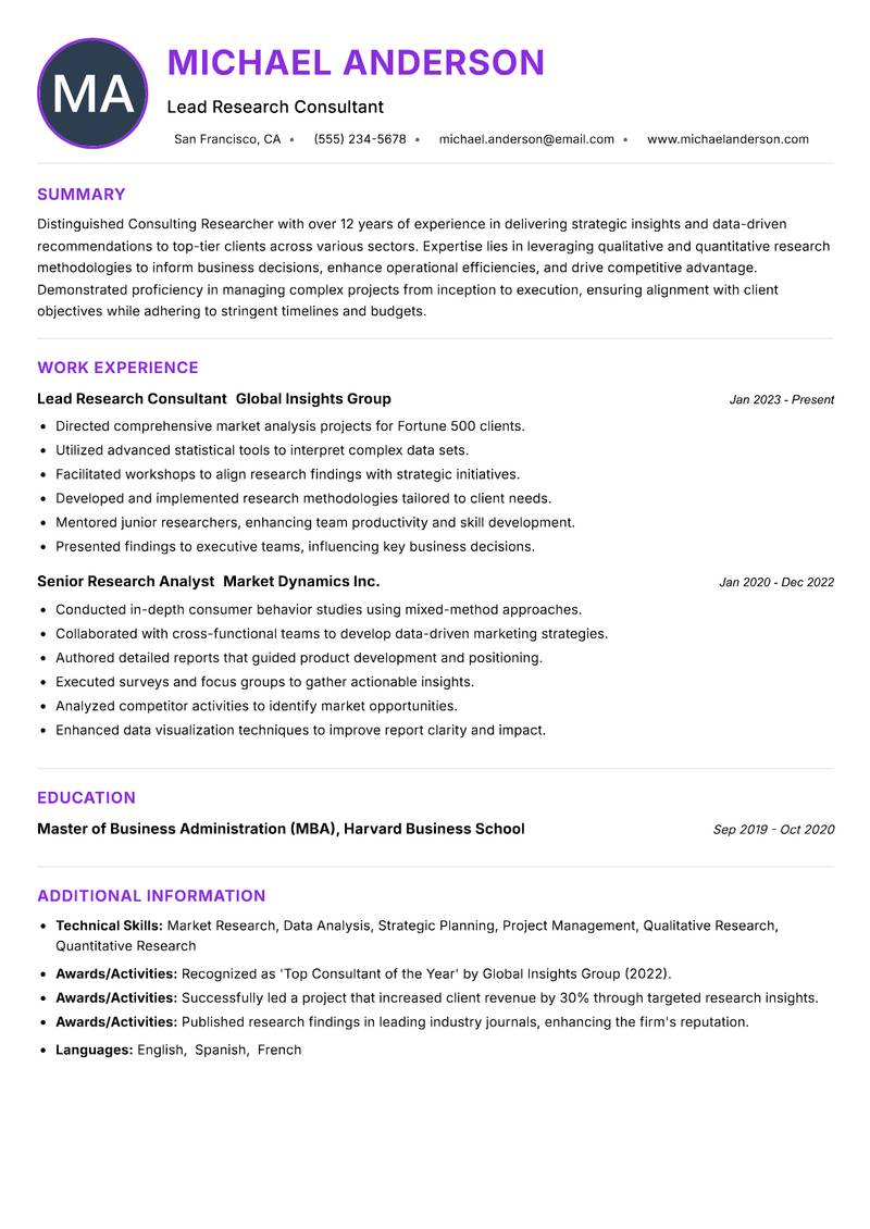 Consulting Researcher resume example — ATS-friendly template