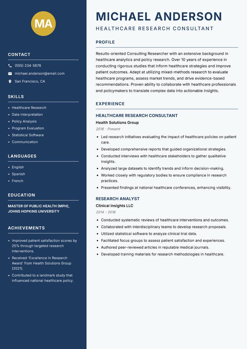 Consulting Researcher resume template — Classic Clean