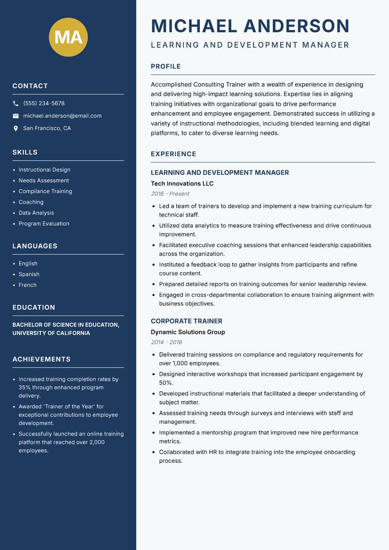 Consulting Trainer resume template — Classic Clean