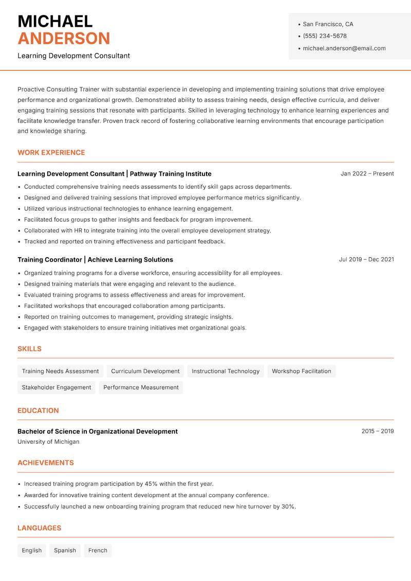 Consulting Trainer resume template — Modern Professional