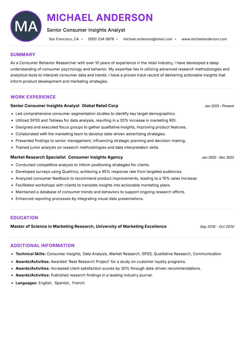Consumer Behavior Researcher resume example — ATS-friendly template