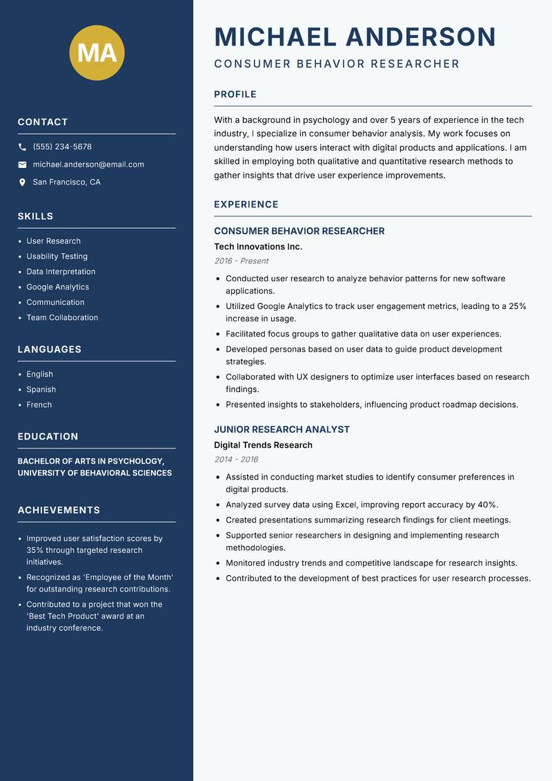 Consumer Behavior Researcher resume template — Classic Clean