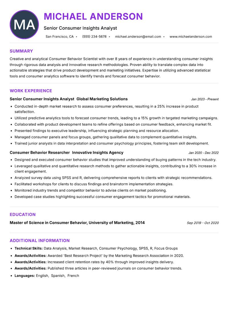 Consumer Behavior Scientist resume example — ATS-friendly template