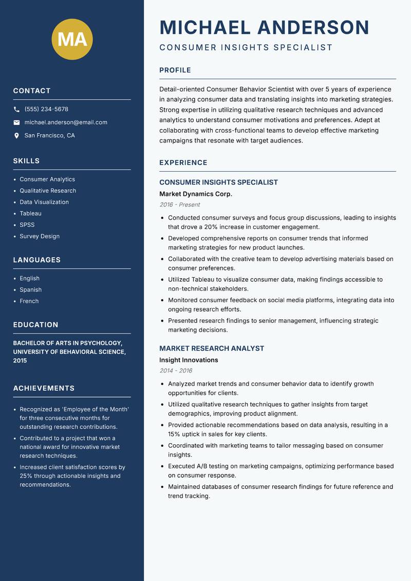 Consumer Behavior Scientist resume template — Classic Clean