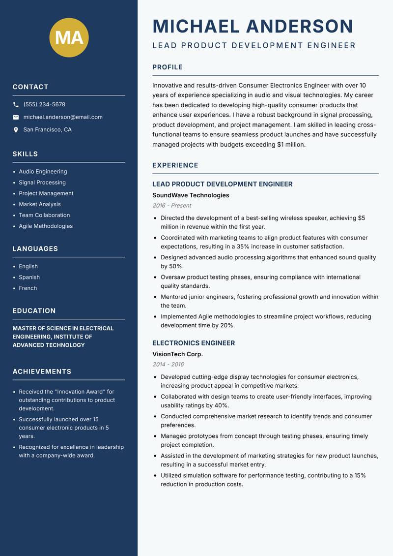 Consumer Electronics Engineer resume template — Classic Clean