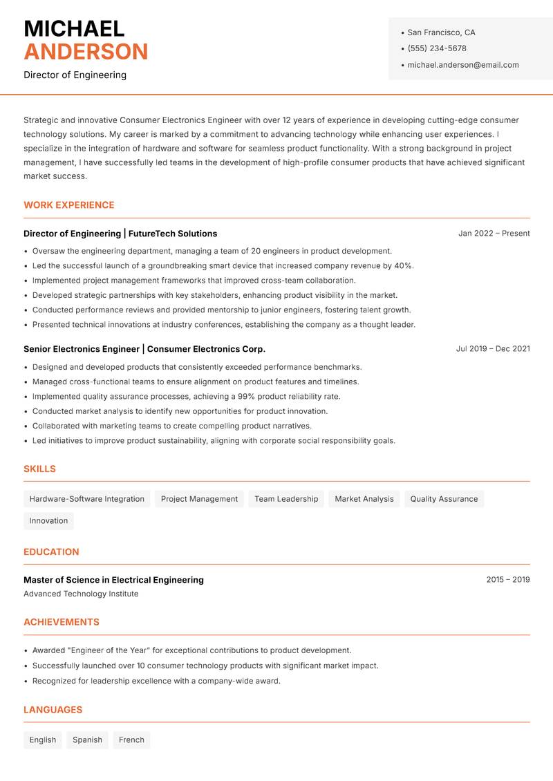 Consumer Electronics Engineer resume template — Modern Professional