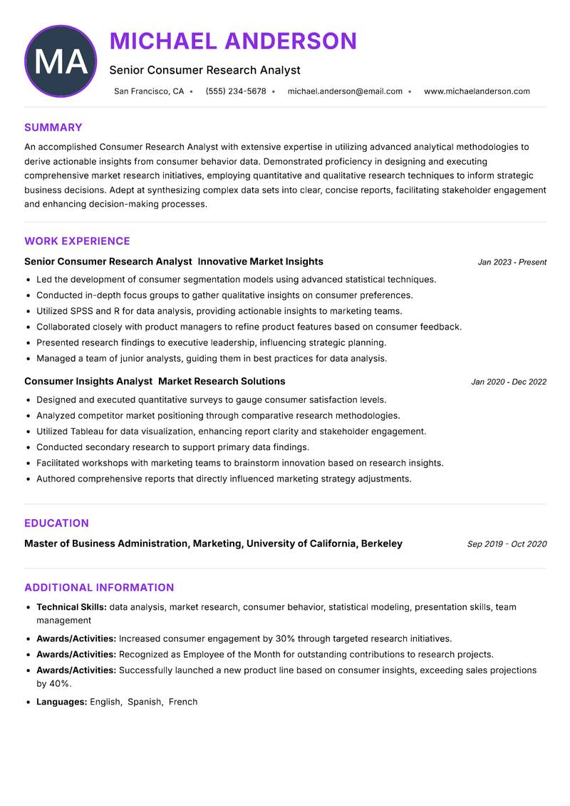 Consumer Research Analyst resume example — ATS-friendly template