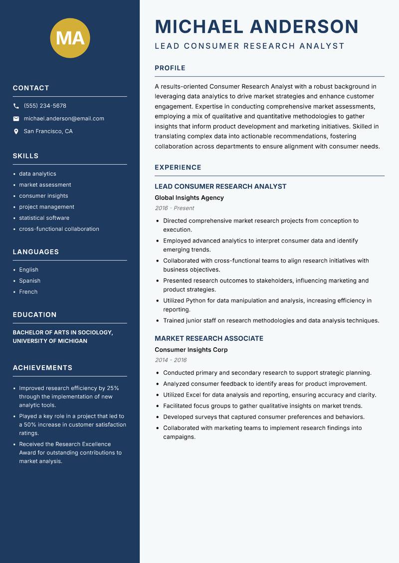 Consumer Research Analyst resume template — Classic Clean