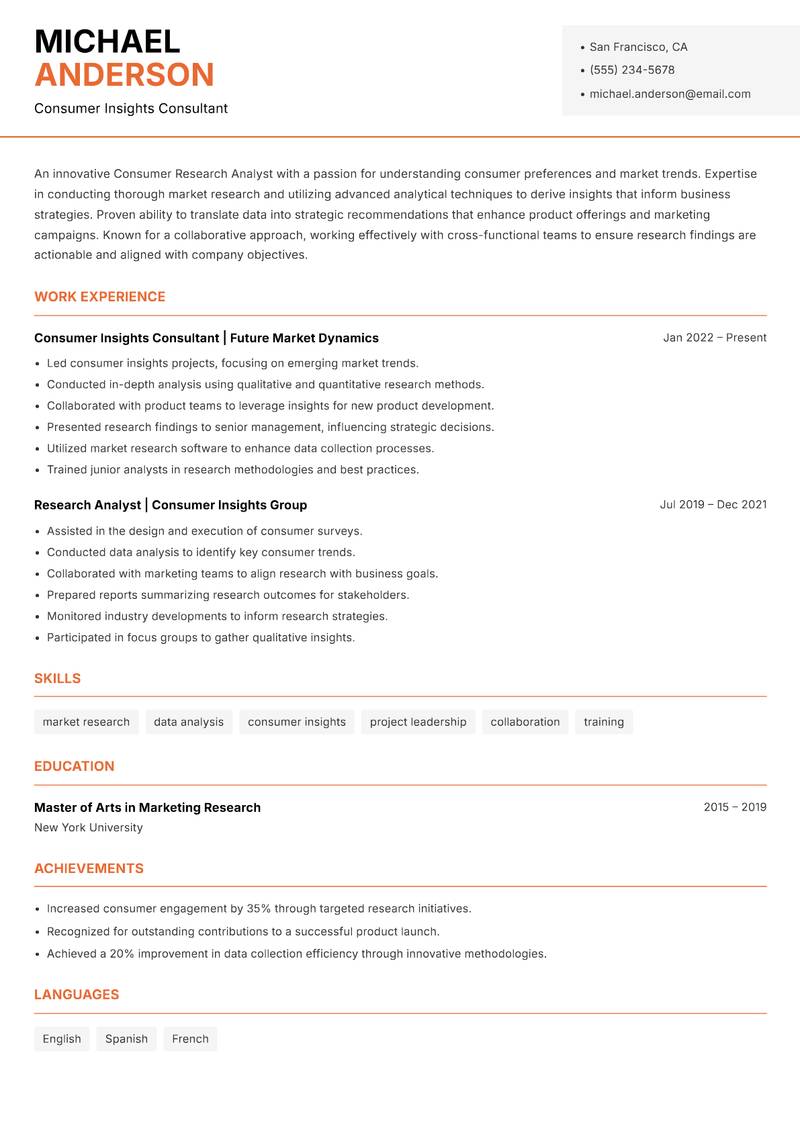 Consumer Research Analyst resume template — Modern Professional