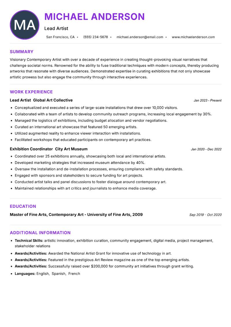 Contemporary Artist resume example — ATS-friendly template
