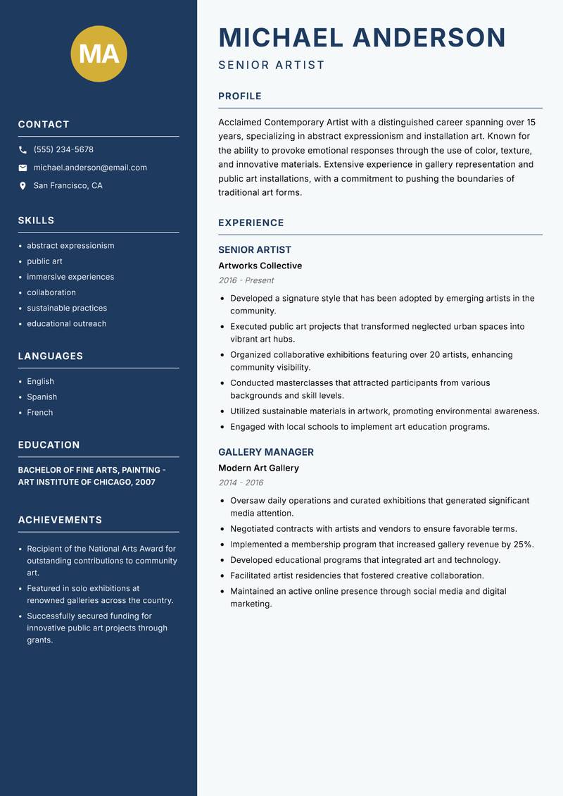 Contemporary Artist resume template — Classic Clean