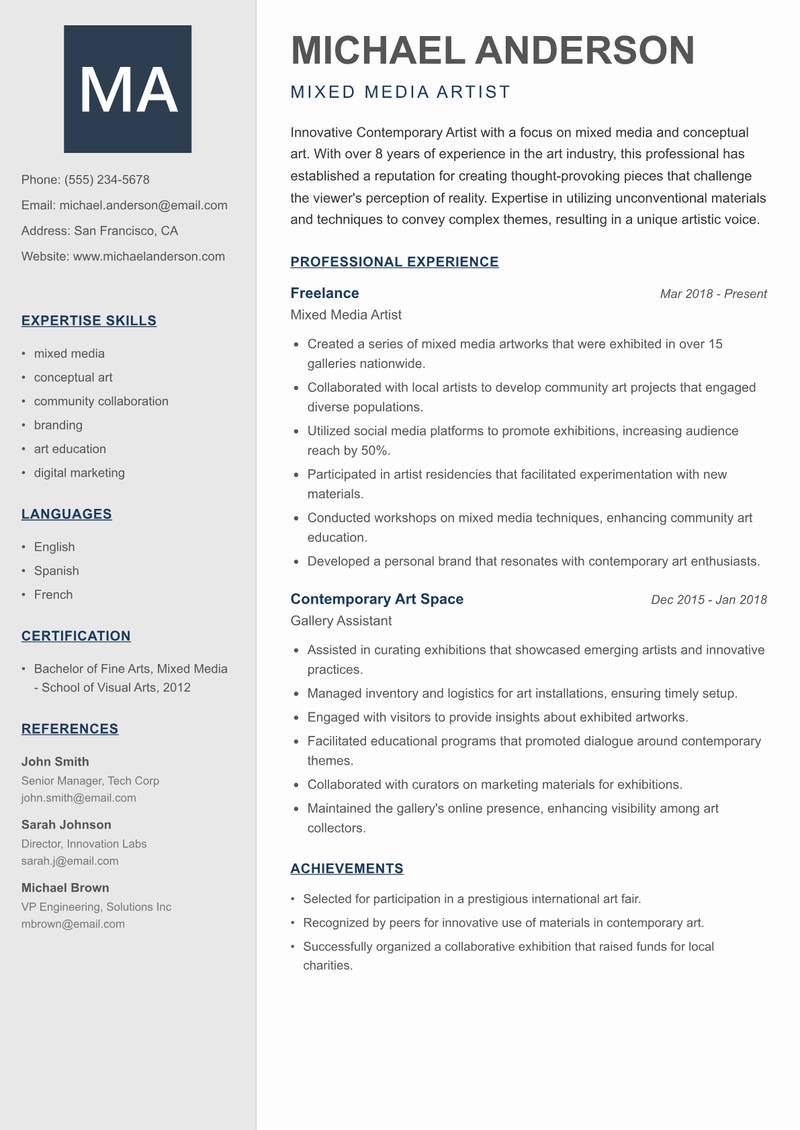 Contemporary Artist resume template — Creative Minimal
