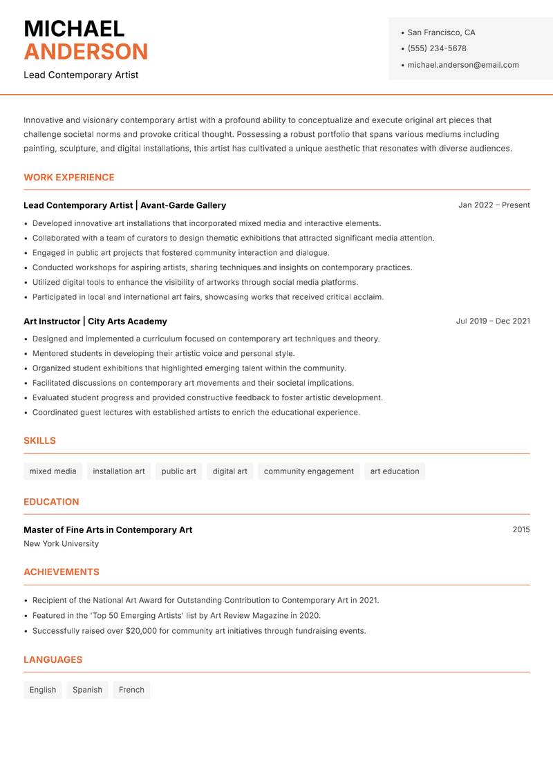Contemporary Artist resume template — Modern Professional