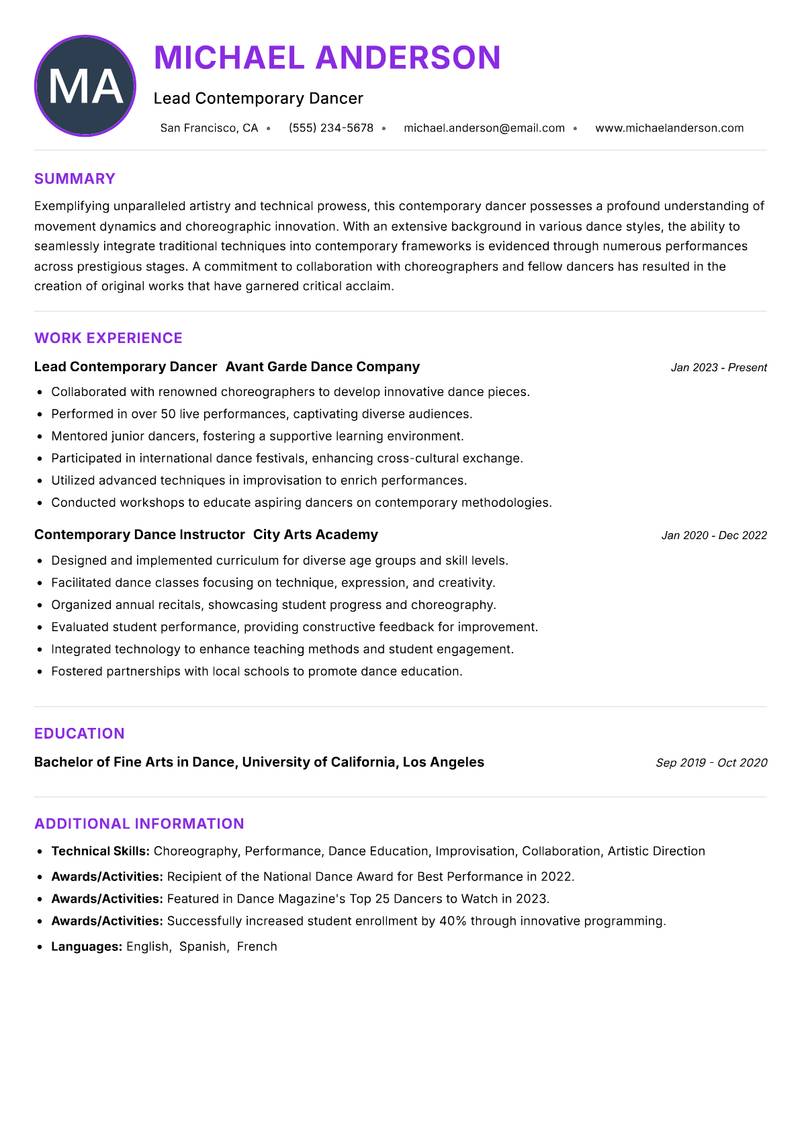 Contemporary Dancer resume example — ATS-friendly template