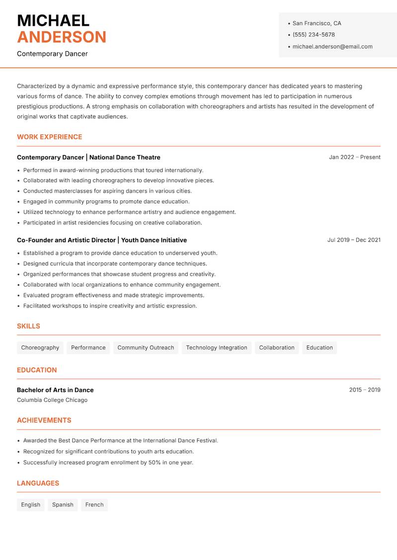 Contemporary Dancer resume template — Modern Professional