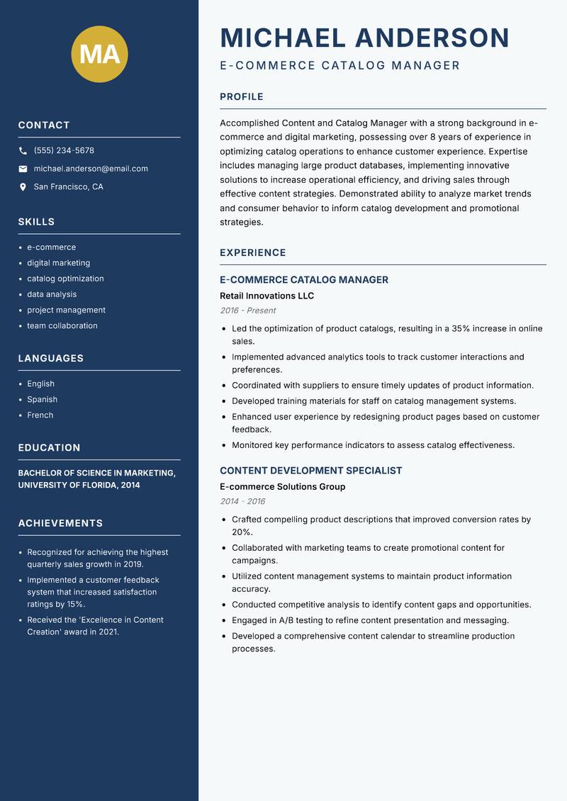 Content and Catalog Manager resume template — Classic Clean