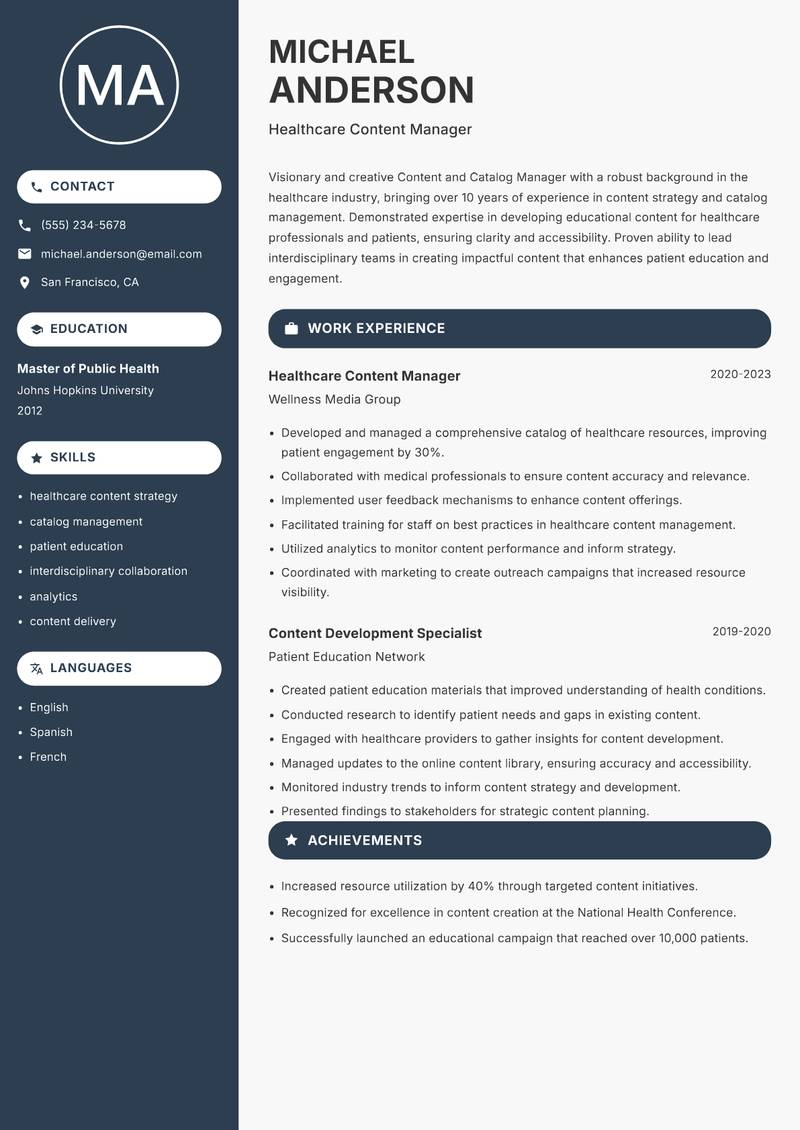 Content and Catalog Manager resume template — Compact