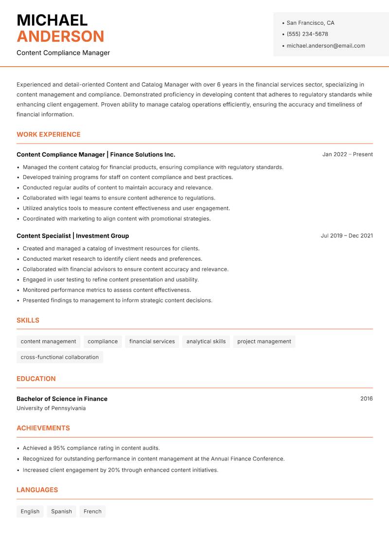 Content and Catalog Manager resume template — Modern Professional