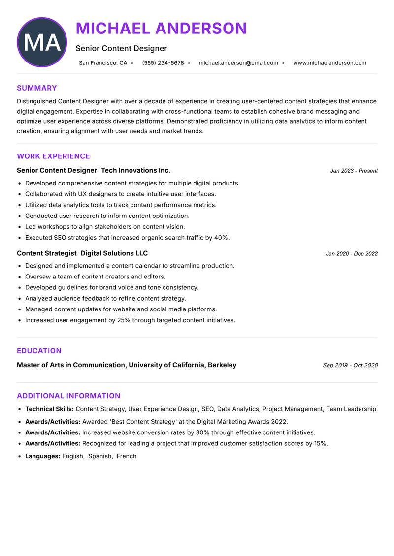 Content Designer resume example — ATS-friendly template