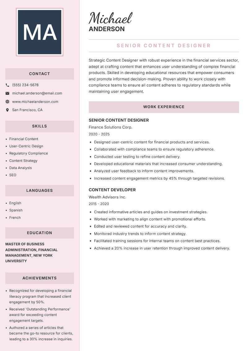 Content Designer resume template — Executive