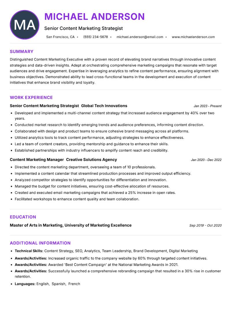 Content Marketing Executive resume example — ATS-friendly template