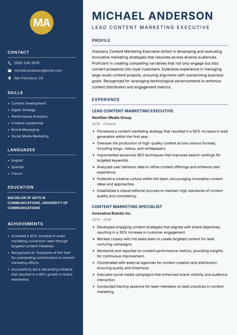 Content Marketing Executive resume template — Classic Clean