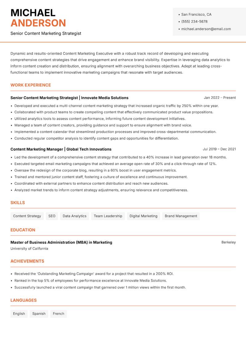 Content Marketing Executive resume template — Modern Professional
