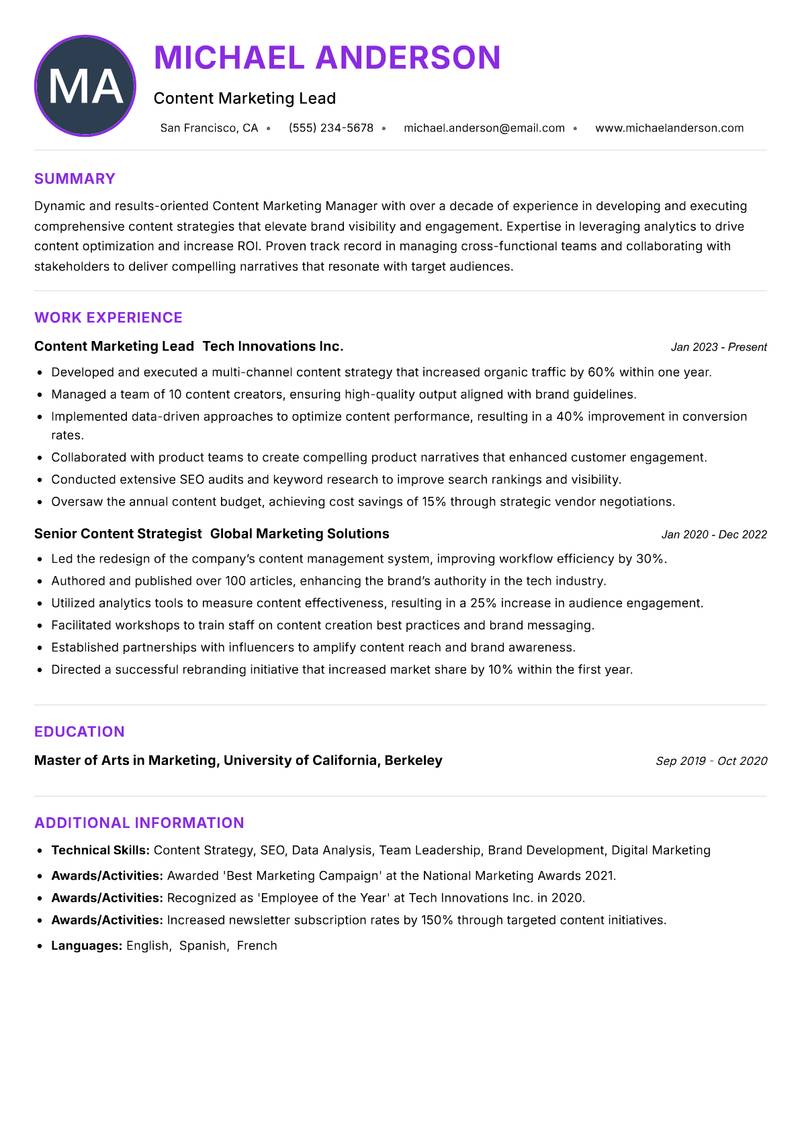 Content Marketing Manager resume example — ATS-friendly template