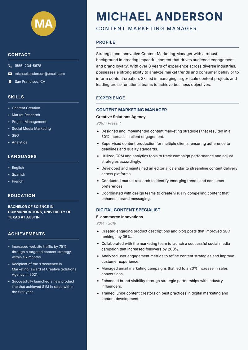 Content Marketing Manager resume template — Classic Clean