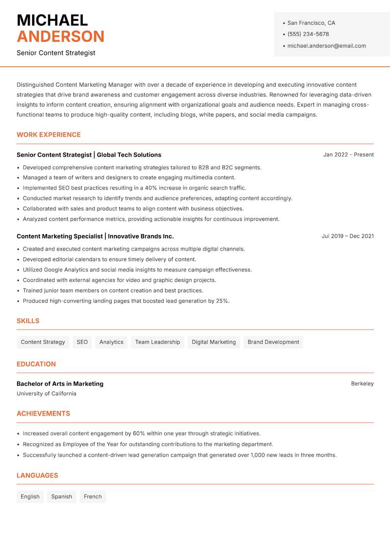 Content Marketing Manager resume template — Modern Professional