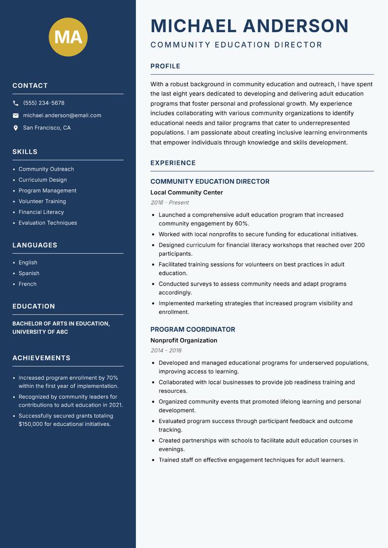 Continuing Education Educator resume template — Classic Clean