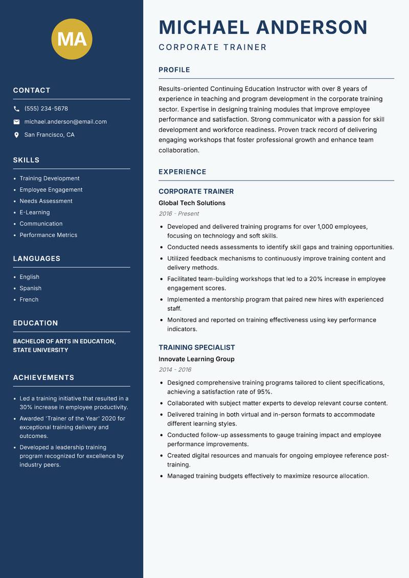 Continuing Education Instructor resume template — Classic Clean