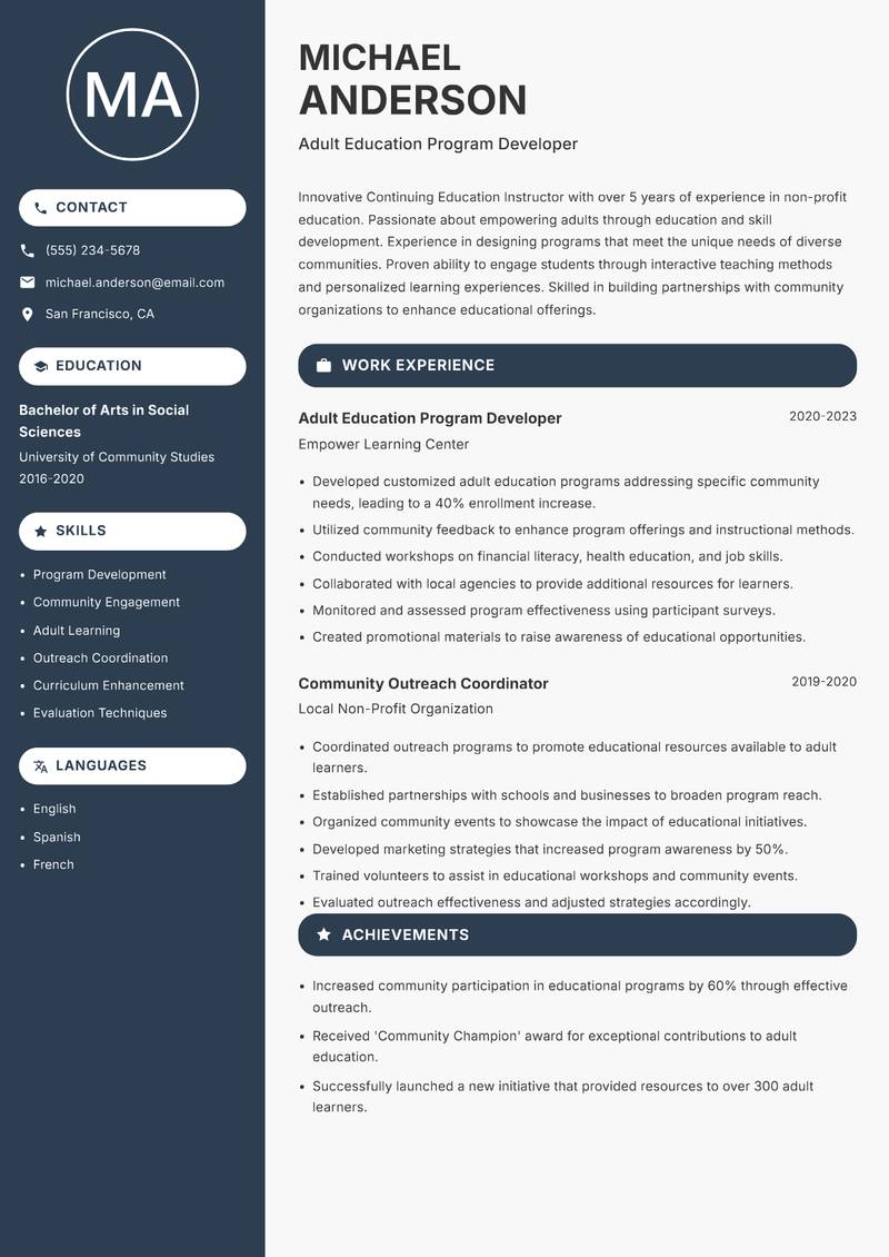 Continuing Education Instructor resume template — Compact